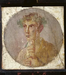 Portret van een jonge man met een papyrusrol uit Italië, Campania, Pompeii, schilderij op pleister, 55-79 n.Chr.