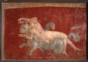 ROMEINSE KUNST: Nereïde op een zeepanter aan wie ze een drankje in een lage beker overhandigt (fresco)