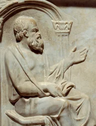 Romeinse oudheden, sarcofaag van de Muzen: Socrates (469-399 v.Chr.) Griekse filosoof met zijn muze. Detail Parijs, Musée du Louvre