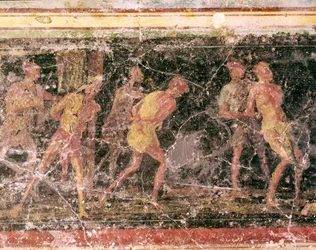 Romeinse kunst: slaven, detail van het fresco op het fries van zaal C, Villa Farnesina, Rome, Museo Nazionale Romano
