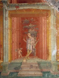 Theaterscène, fresco (IV stijl) op rode achtergrond uit Huis van Pinarius Cerialis, Pompeii (Unesco Werelderfgoedlijst)