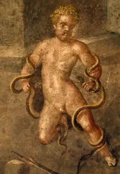 Jonge Heracles die slangen wurgt, (detail) fresco uit oecus in Huis van Vettii, Pompeii (UNESCO Werelderfgoedlijst)