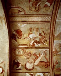 Romaans kunst: interieur van de abdij van Saint-Savin-sur-Gartempe (Saint Savin sur Gartempe) in Wenen (Frankrijk), gesticht door Karel de Grote (1060-1115) Muurschildering op plafond rond 1100. Fresco
