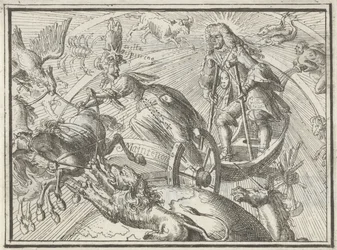 Karikatuur van Lodewijk XIV als Apollo in zijn wagen, 1701