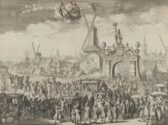 Intocht van Willem III in Den Haag Inhaling van S.K. Maj. aan de Westeynder brug door ..., 1691