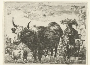 Herderin met mand op het hoofd, een koe, twee geiten en twee schapen in het water