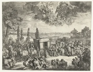 Karel II van Spanje knielend bij een koets