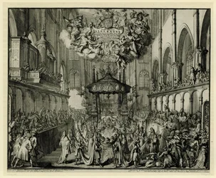 Koor van Westminster Abbey met de lijkplechtigheid voor de koningin, 1695