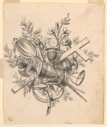 Tekening, Trofee met symbolen van de Deugden, 1830-1850