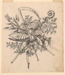 Tekening, Trofee met gevleugelde zandloper, 1830-1850