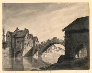 Toneelontwerp, brug over rivier in een stad