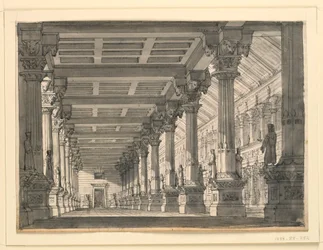 Toneelontwerp, Hal in een Babylonisch Paleis voor de Opera "Ciro in Babylonia" door Gioacchino Rossini