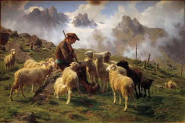 Een Alpenherder die zijn schapen zout geeft. Schilderij van Rosa Bonheur (1822-1899), 1864. H. 0,68 x 1 m. Chantilly, Musée Condé