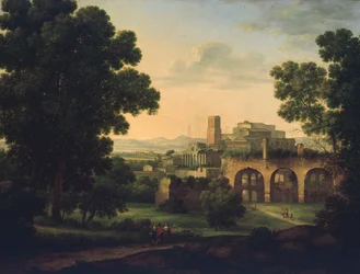 Landschap met ruïnes en reizigers