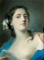 Duits: Die Sängerin Faustina Bordoni (1700-1781) mit einem Notenblatt De zangeres Faustina Bordoni (1697-1781) met partituur