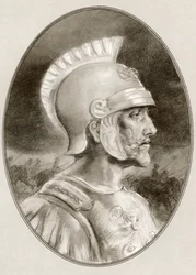 Ashoka, overleden 232 v.Chr., ook bekend als Ashoka de Grote. Indiase keizer van de Maurya-dynastie. Illustratie van Gordon Ross, Amerikaanse kunstenaar en illustrator (1873-1946), uit Levensbiografieën van beroemde heersers.