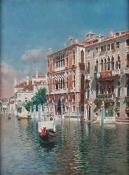 Een gondel voor het Palazzo Cavalli-Franchetti en Palazzi Barboro, Venetië