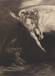 Lucifer draagt Kaïn omhoog in de eindige ruimte, uit Acht etsen over Byron