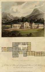 Aanzicht en plattegrond van Longwood House, Sint-Helena: de residentie van Napoleon Bonaparte, 1817
