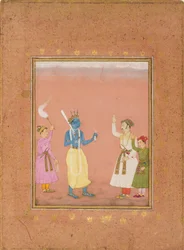 Een held begroet door prinsen, illustratie van de muzikale modus Kanada Ragini, ca. 1680