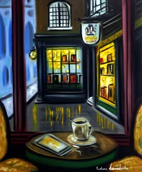 Koffie en een boekhandel, 2025 (olieverf op doek)