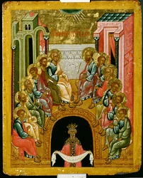 De nederdaling van de Heilige Geest, Russisch icoon uit de Sint-Sofiakathedraal, school van Novgorod, 15e eeuw