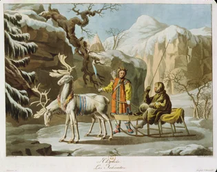 Jakoeten van centraal Siberië in winterlandschap, gekleed in bont en met een rendierslee, gepubliceerd 1813
