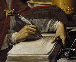 Handen, schrijvend met ganzenveer (detail)