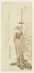 Courtisane die bij een kimono op een rek staat