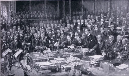 Een van de meest gedenkwaardige gebeurtenissen in de geschiedenis van het Parlement 3 augustus 1914, uit Cassells History of the British People uitgegeven door de Waverley Book Company Limited, c.1940