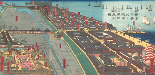 Gedetailleerde Prent van Yokohama Hon-cho en het Miyozaki Plezierkwartier, 4e maand, 1860