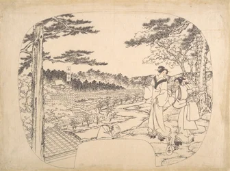 Twee vrouwen bewonderen de bezienswaardigheden vanaf een uitkijkpunt...de Zenpukuji-tempel, 19e eeuw