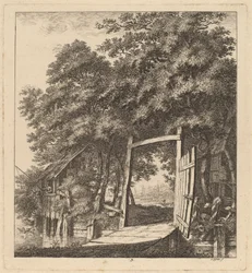 Een rustieke poort naast een meer
