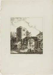 Processie door een rustieke poort