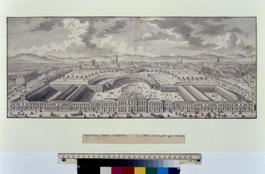 Volledige pagina: vogelvlucht van de keizerlijke stallen naar de voorsteden (pen, penseel en inkt)