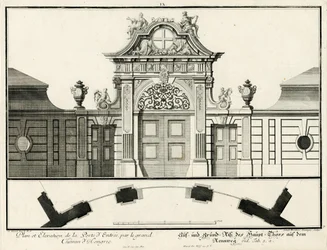 Plattegrond en gevel van de hoofdpoort van het lager gelegen kasteel aan de Rennweg