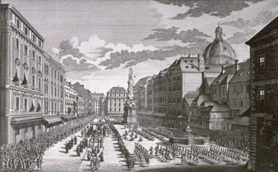 Uitzicht op een processie in de Graben gegraveerd door Georg-Daniel Heumann (1691-1759)