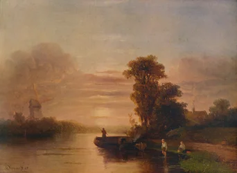 Zonsondergang aan een rivier, met windmolen en huisje