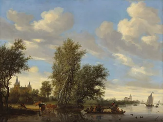 Rivierlandschap met veerboot