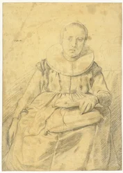 Portret van een zittende vrouw met een stijve plooikraag