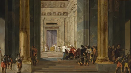 De koningin van Sheba voor de tempel van koning Salomo in Jeruzalem, ca. 1630-1634