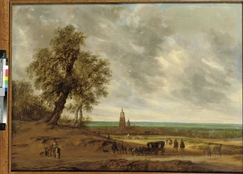 Een panoramisch landschap met reizigers op een pad, de stad Amersfoort in de verte, 1634