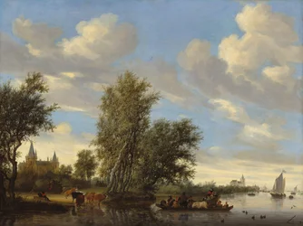 Rivierlandschap met veerboot