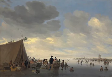 Schaatsers op de bevroren rivier Lek, de stad Vianen op de achtergrond, 1653