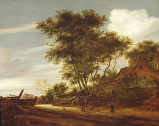 Boslandschap met spelende kinderen op de weg bij een huisje, 1658