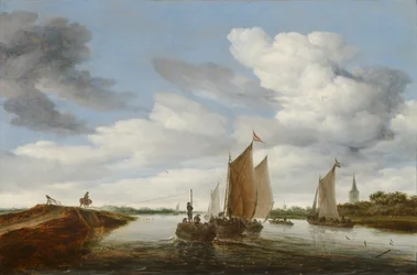 Rivierlandschap met zeilboten en een door paarden getrokken schuit
