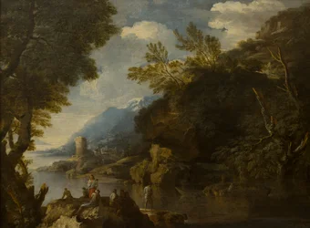 Landschap met figuren en boten