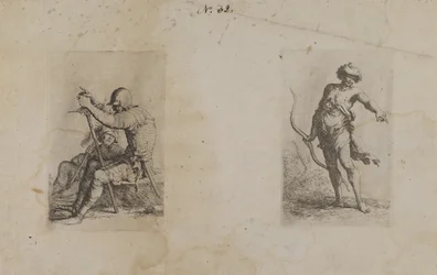 (Beeldjesreeks) Twee zittende mannen, elk met een wapen