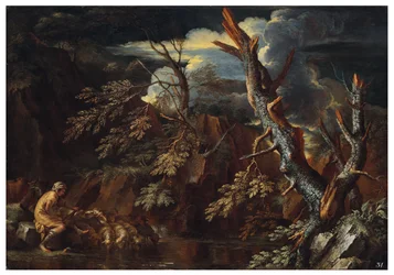 Een rotsachtig bebost landschap met Jakob die Labans kudde water geeft, ca. 1615-73 (olieverf op doek)