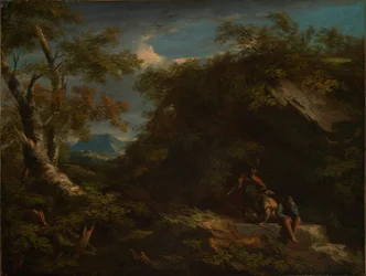 Bergachtig boslandschap met rustende krijgers